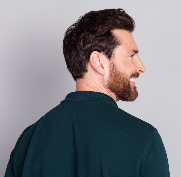 a man in a blue shirt