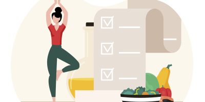 An illustration of a woman following a new year medical weight loss program, including diet, exercise, and accountability.